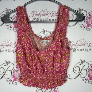 Patrons of peace tank top crop pink floral cinch cute ruffle trim boho luxe